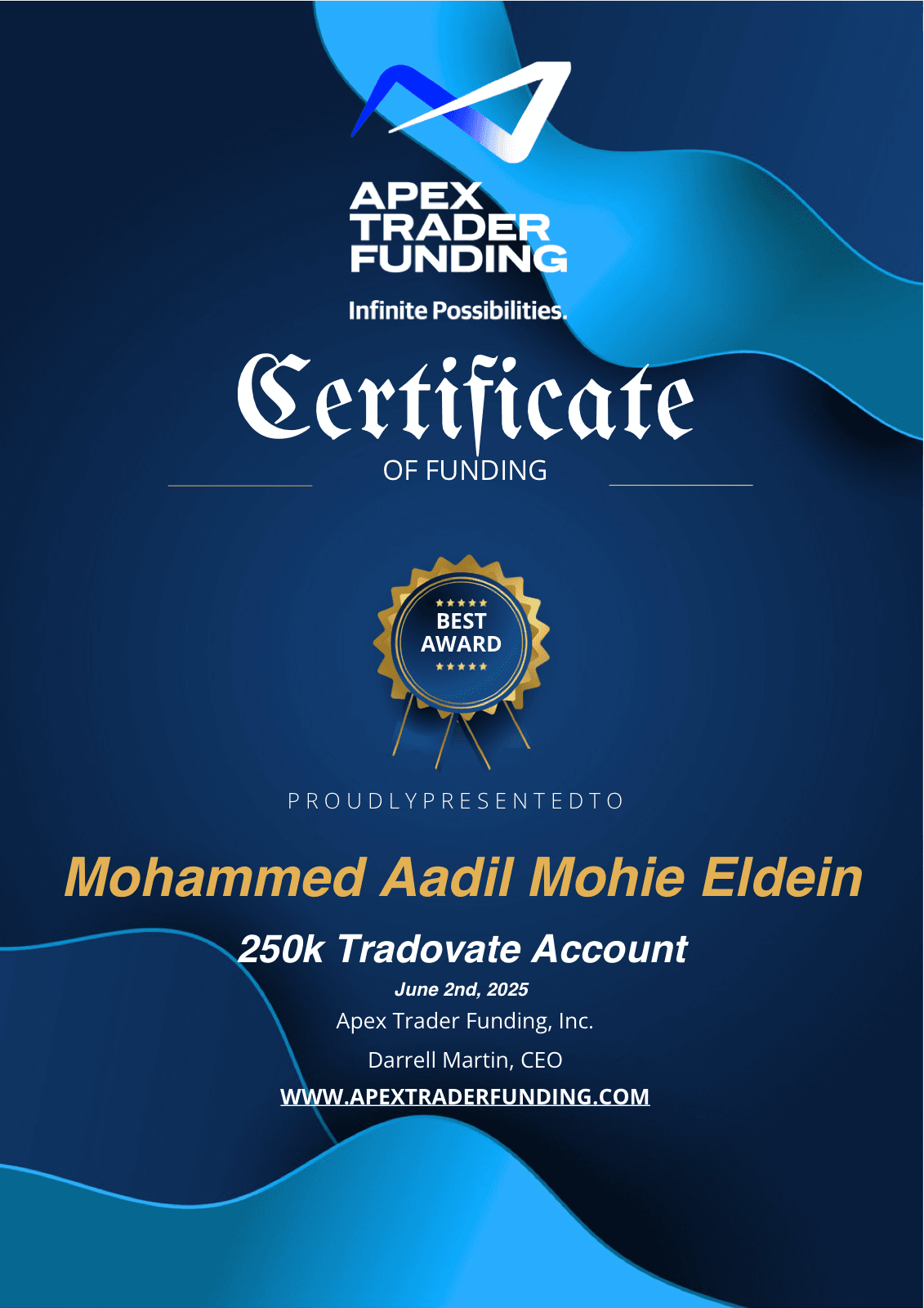Mohammed Aadil (our mentor) — Apex Trader Funding Funded · Tradovate